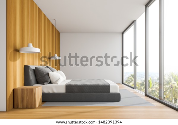 Side View Panoramic Bedroom White Wooden Royalty Free Stock Image