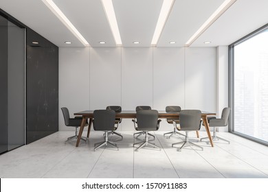 Side view of panoramic conference room with white and black marble walls, tiled white floor and long table with gray chairs. Concept of discussion and corporate life. 3d rendering