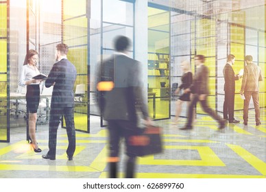 Side View Of People Near A Conference Room With White And Glass Walls And A Yellow And Gray Floor Pattern As Seen From A Lobby. 3d Rendering, Toned Image, Double Exposure.