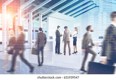 Side View Of People Passing By A House Framed Conference Room With Several White Tables And Black Leather Armchiars. 3d Rendering, Toned Image, Double Exposure