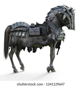 Side view of a posing armored war horse on a isolated white background. 3d rendering
