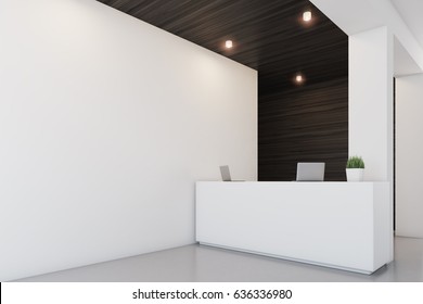 Side View Of A Reception Desk Standing In An Office With Dark Wooden Wall Elements. 3d Rendering, Mock Up