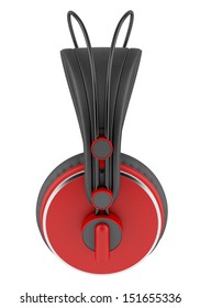 side view of red and black wireless headphones isolated on white background