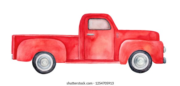 Side view of red retro pick-up truck. Hand drawn water color graphic painting with beautiful colour gradient on white backdrop, cutout art element for design, decoration, greeting cards, invitations.