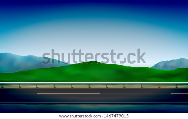 Side\
view of a road with a crash barrier, roadside, green meadow in the\
hills and clear blue sky background,\
illustration