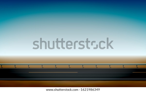 Side\
view of a road with a crash barrier, roadside, straight horizon\
desert and clear blue sky background,\
illustration