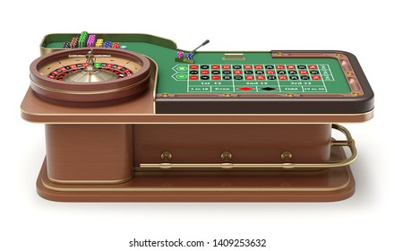 Side view of roulette table with chips, rack and roulette wheel - 3D illustration