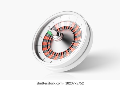 Side View Of Roulette Wheel With Ball On Zero Over White Background. Concept Of Chance And Gambling. 3d Rendering