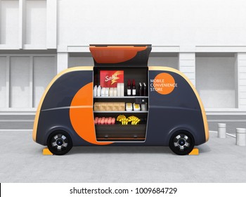 Side View Of Self-driving Vending Car Parking On The Street. The Car Is Equipped With Shelf For Grocery. Mobile Convenience Store Concept. 3D Rendering Image.