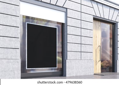 Side View Of Shop Window With Black Poster And Door. Concept Of Inset Your Ads Here, Copyspce. 3d Rendering, Mockup