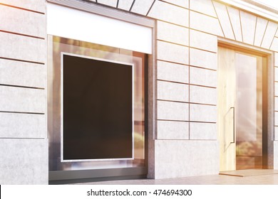 Side view of shop window and glass door. Concept of inset your ads here, copyspace. 3d rendering, mockup, toned image