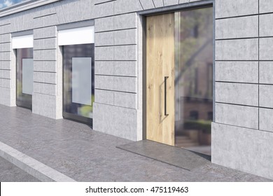 Side View Of Shop Window With Two Posters And Glass And Wooden Door. Concept Of Marketing And Product Placement, Copyspace. 3d Rendering, Mockup