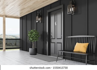 Side view of stylish black front door or modern house with black walls, door mat, black bench, tree in pot and beautiful lamps. 3d rendering