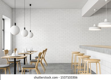 Side view of stylish minimalistic loft style pub with white brick walls, concrete floor, long white bar stand with stools and square tables with chairs. 3d rendering
