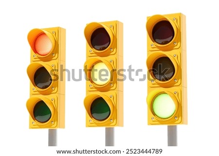 Side view of three yellow traffic lights with different colors on empty white background. Concept of direction, control, transport and regulation. 3D rendering illustration
