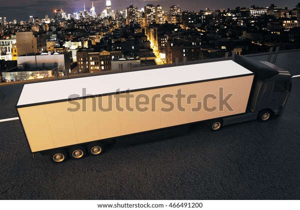 Side view of truck with empty trailer on\
night city background. Mock up, 3D\
Rendering