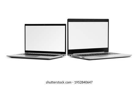 Side view of two laptops on white background.
