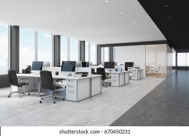 Side view white   black open space office interior and rows computer tables and desktops standing them  3d rendering mock up