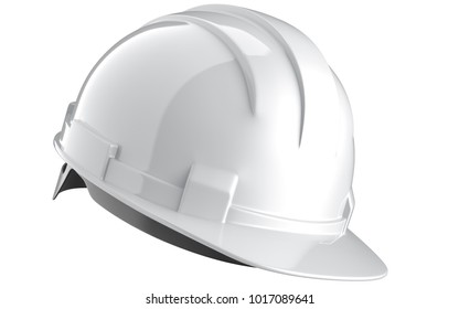 Side view of white construction helmet isolated on a white background. 3d rendering of engineering hat.