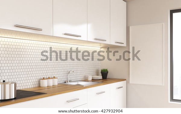 Side View White Luxury Kitchen Interior Stock Illustration 427932904