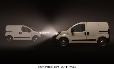 Side View Of A White Mini Van With A Convoy Of Lined Up Mini Vans In The Background 3D Rendering