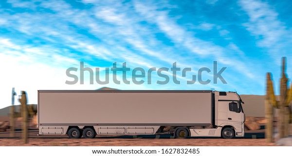 Side View Of\
White Semi Truck With Empty Space On Refrigerator Driving Along the\
Route Through Desert. 3d\
rendering