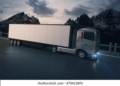 Side View Of White Truck With Empty Trailer On Mountain Landscape Background. Mock Up, 3D Rendering