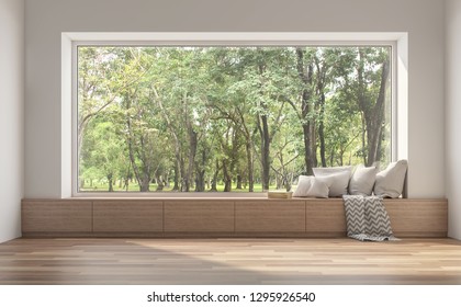 Side window seat 3d render.There are white room,wood seat,decorate with many pillow.There are big  windows look out to see nature view.