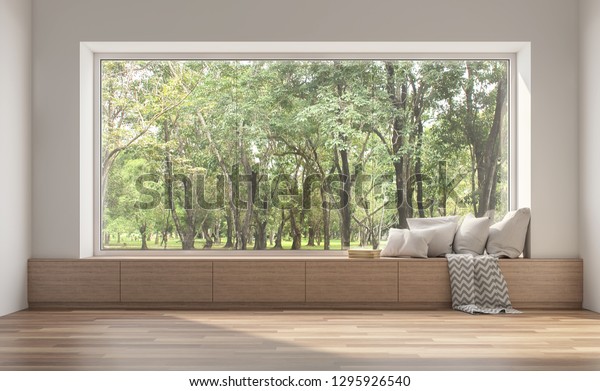 Side window seat 3d render.There are white\
room,wood seat,decorate with many pillow.There are big  windows\
look out to see nature\
view.