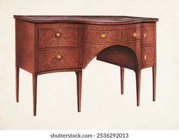 Sideboard (c. 1936) by Arsen Maralian. Vintage Sideboard furniture watercolor on paper art illustration, antique Sideboard furniture design. Antique Sideboard art print.
