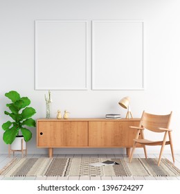 Sideboard And Two Blank Photo Frame On Wall For Mockup, 3D Rendering