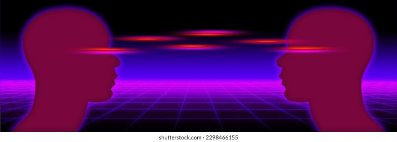 A side-profile view of two human head silhouettes facing each other with red and orange light beams in between them on a dark, geometric grid background