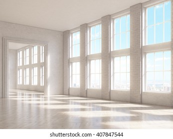 Sideview of brick interior with large windows and wooden floor. 3D Rendering