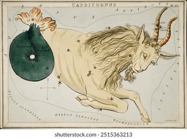 Сидни Холл (1831) — астрономическая диаграмма, иллюстрирующая зодиака Козерога. Винтаж Астрологический. Винтаж арт рисунок иллюстрации, старые картины художественная печать.
