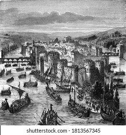 The Siege Of Paris By The Normans, Vintage Engraving. From Popular France, 1869.