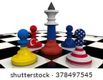 The Siege Of Russia. Chess pieces on the board - the king in the colors of the Russian flag surrounded by the pawns in colors of the flags of the United States, Ukraine, EU, Turkey.