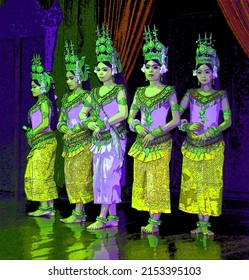 SIEM REAP CAMBODIA 03 26 2013: Apsara dancers. Robam Tep Apsara is the title of a Khmer classical dance created by the Royal Ballet of Cambodia pop art sign illustration