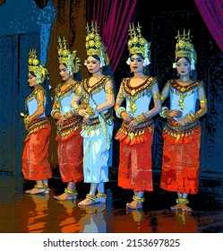 SIEM REAP CAMBODIA 03 26 2013: Apsara dancers. Robam Tep Apsara is the title of a Khmer classical dance created by the Royal Ballet of Cambodia pop art sign illustration