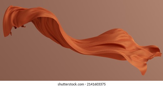 Sienna scarf in the wind, isolated dynamic fabric, brown fly cloth 3d rendering
