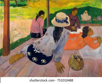 The Siesta, by Paul Gauguin, 1892-94, French Post-Impressionist painting, oil on canvas. Tahitian women gathered in an open-sided shelter with wood plank floor