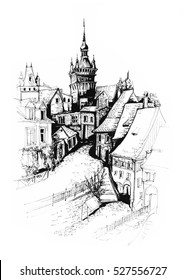 Sighisoara City Romania Architectural Ink Drawing