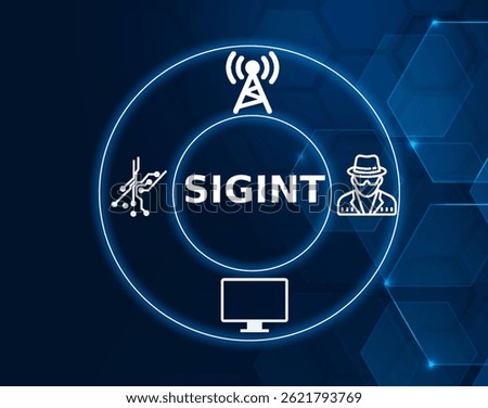 sigint tech concept.Signals intelligence, the gathering of intelligence from electronic signals and systems.