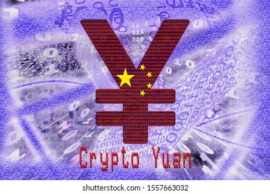 Sign Of Crypto Yuan. Binary Code Tunnel On Black Background. The Concept Of China National Cryptocurrency.