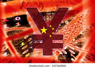 Sign Of Crypto Yuan. Binary Code Tunnel On Black Background. The Concept Of China National Cryptocurrency.