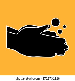 Sign Dark Black Palm Silhouette Wash Your Hands Symbol Soap Lather Bubbles Isolated On Orange Background. 2d Clip Art Pictogram. Hygiene Care Health Concept