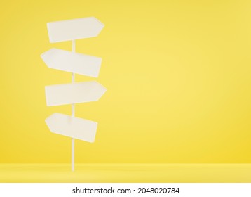 Sign Directions Blank Road Signs Four Arrows Pointing Different Directions Choice On Yellow Background, Street And Road Signs Traffic Icon, 3D Rendering Illustration