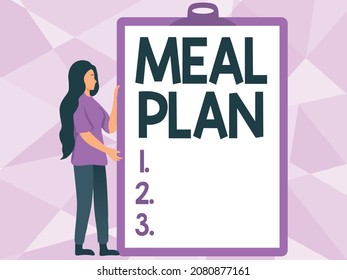 Sign displaying Meal Plan. Business concept arrangement scheme of what are going to eat next week month Woman Drawing Holding A Big Empty Clipboard Showing New Meaning. - Powered by Shutterstock