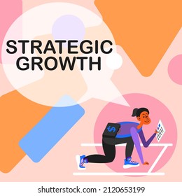 Sign Displaying Strategic Growth. Business Overview Create Plan Or Schedule To Increase Stocks Or Improvement Woman Carrying Briefcase Reading Newspapers Preparing To Start Investing.