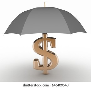 sign of dollar with an umbrella. 3d illustration on white isolated background.