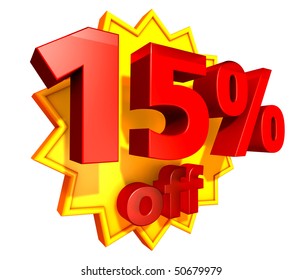 Sign For Fifteen Per Cent Off In Red Ciphers At A Yellow Star On A White Background